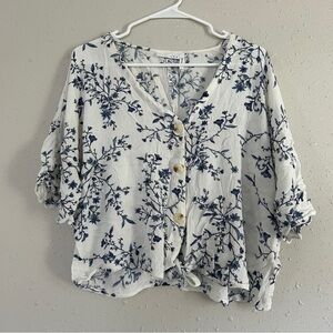 🦋 Luq White Blue Cropped Tie Blouse Casual Summer Floral XXL